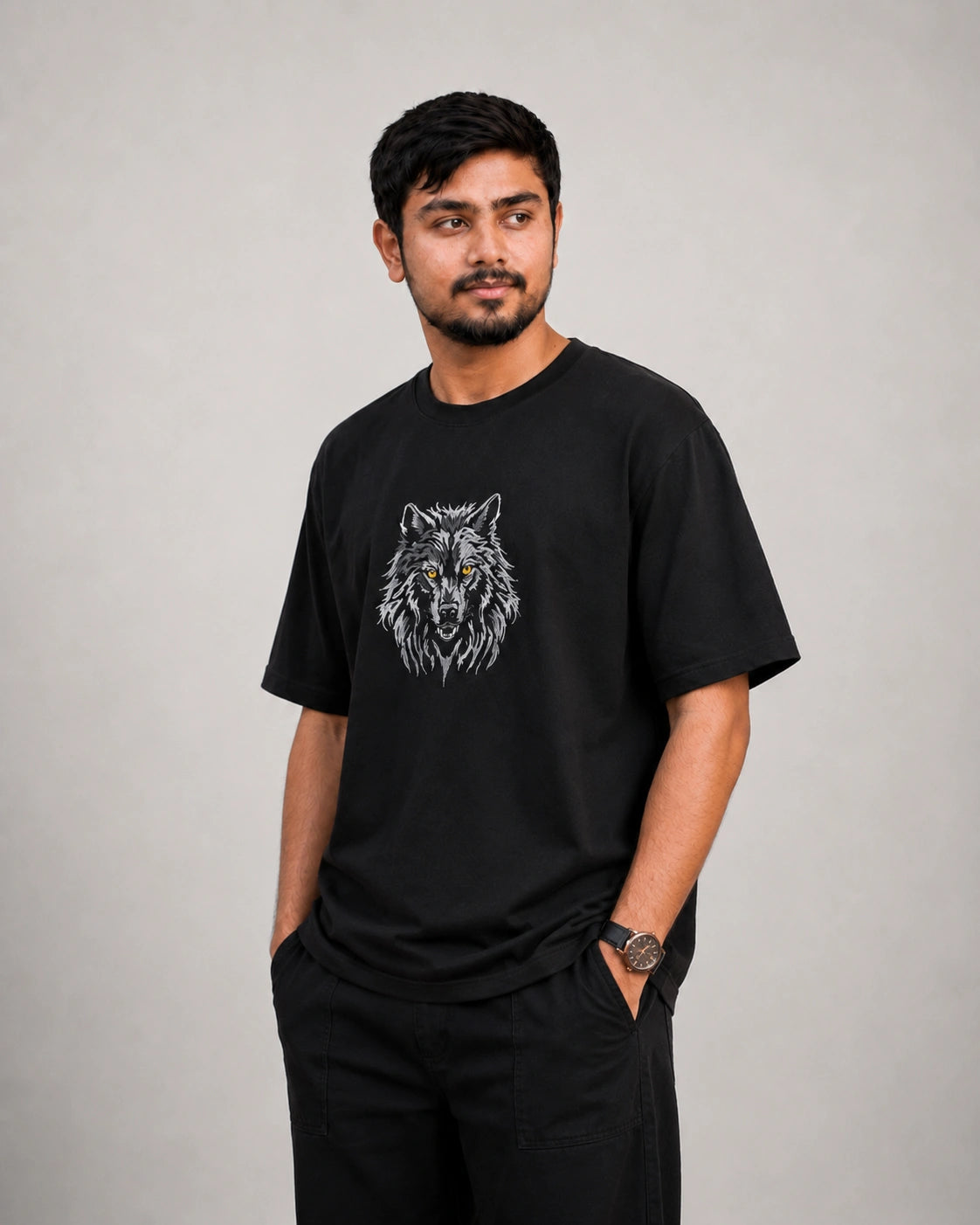 Alpha Wolf Embroidery Oversized T-Shirt