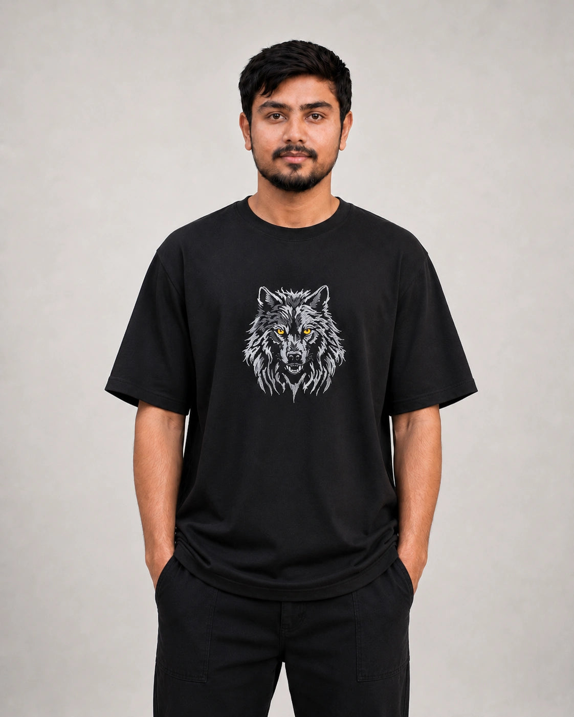 Alpha Wolf Embroidery Oversized T-Shirt