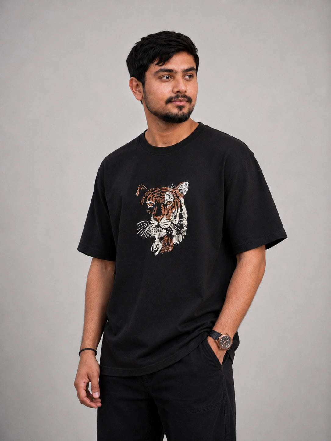 Bengal Tiger Embroidery Oversized T-Shirt