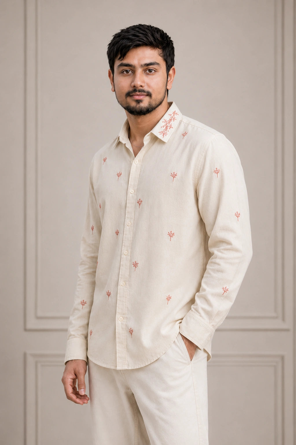Coral Branch Embroidered Premium Plain Shirt | VULTARO™
