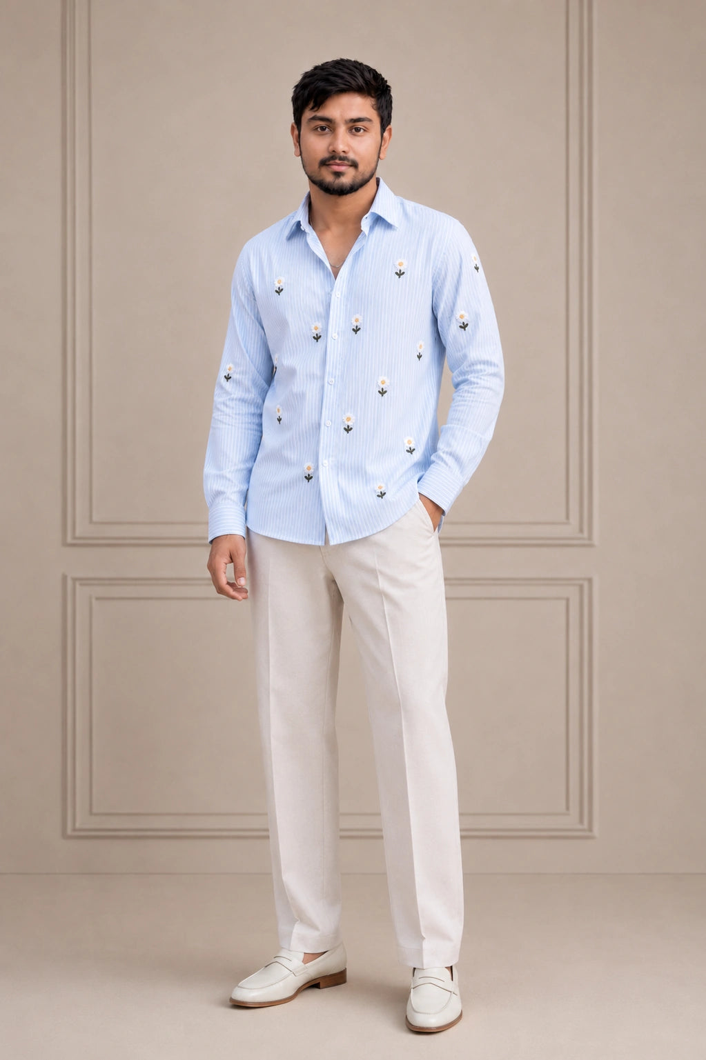 Daisy Embroidered Premium Striped Shirt | VULTARO™