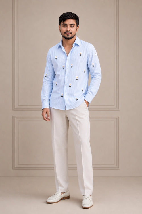 Daisy Embroidered Premium Striped Shirt | VULTARO™