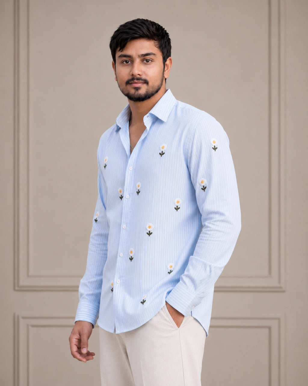 Daisy Embroidered Premium Striped Shirt | VULTARO™