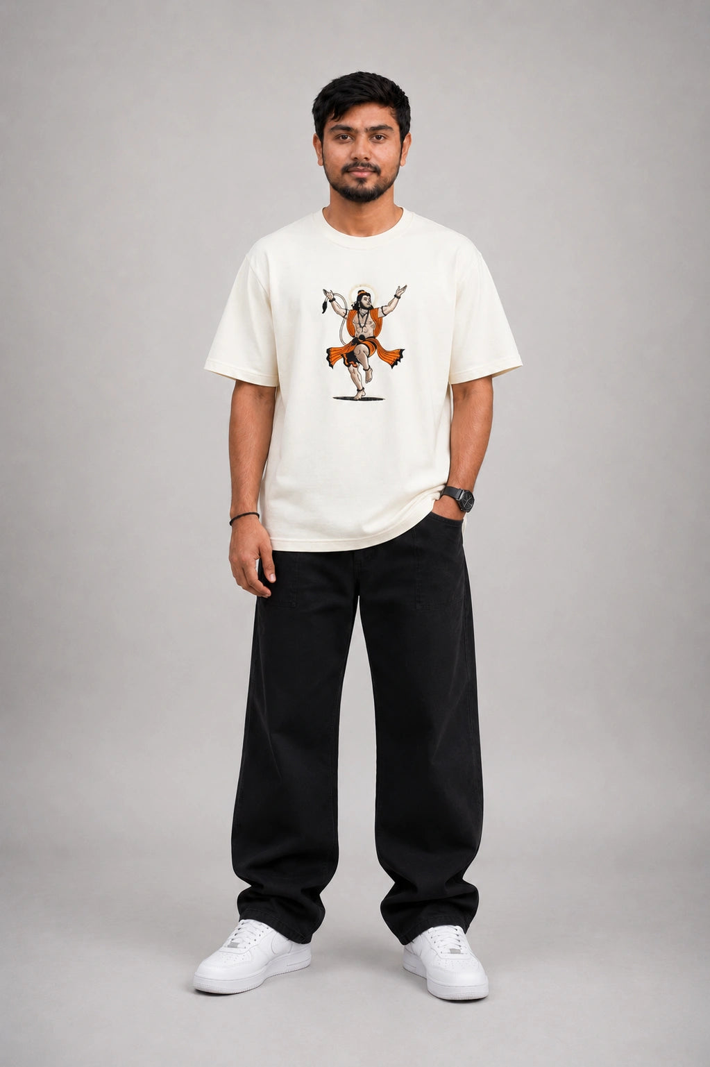 Divine Hanuman Embroidery Oversized T-Shirt