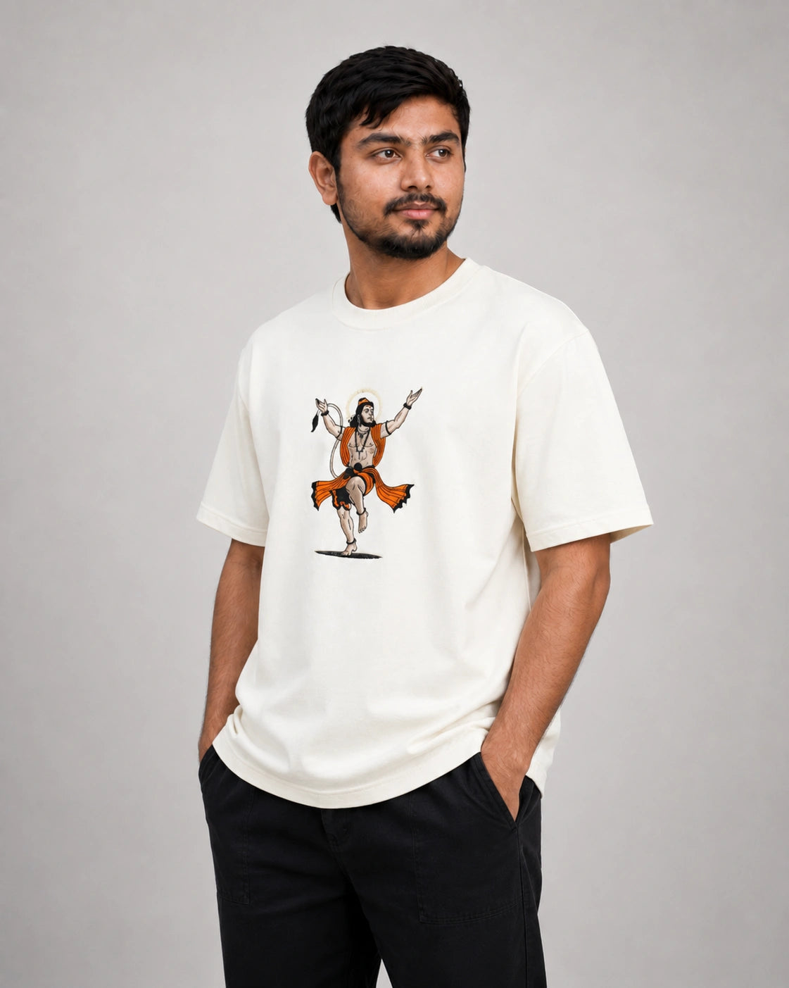 Divine Hanuman Embroidery Oversized T-Shirt