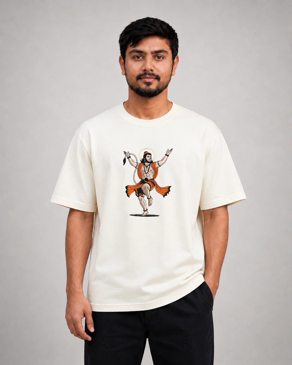 Divine Hanuman Embroidery Oversized T-Shirt
