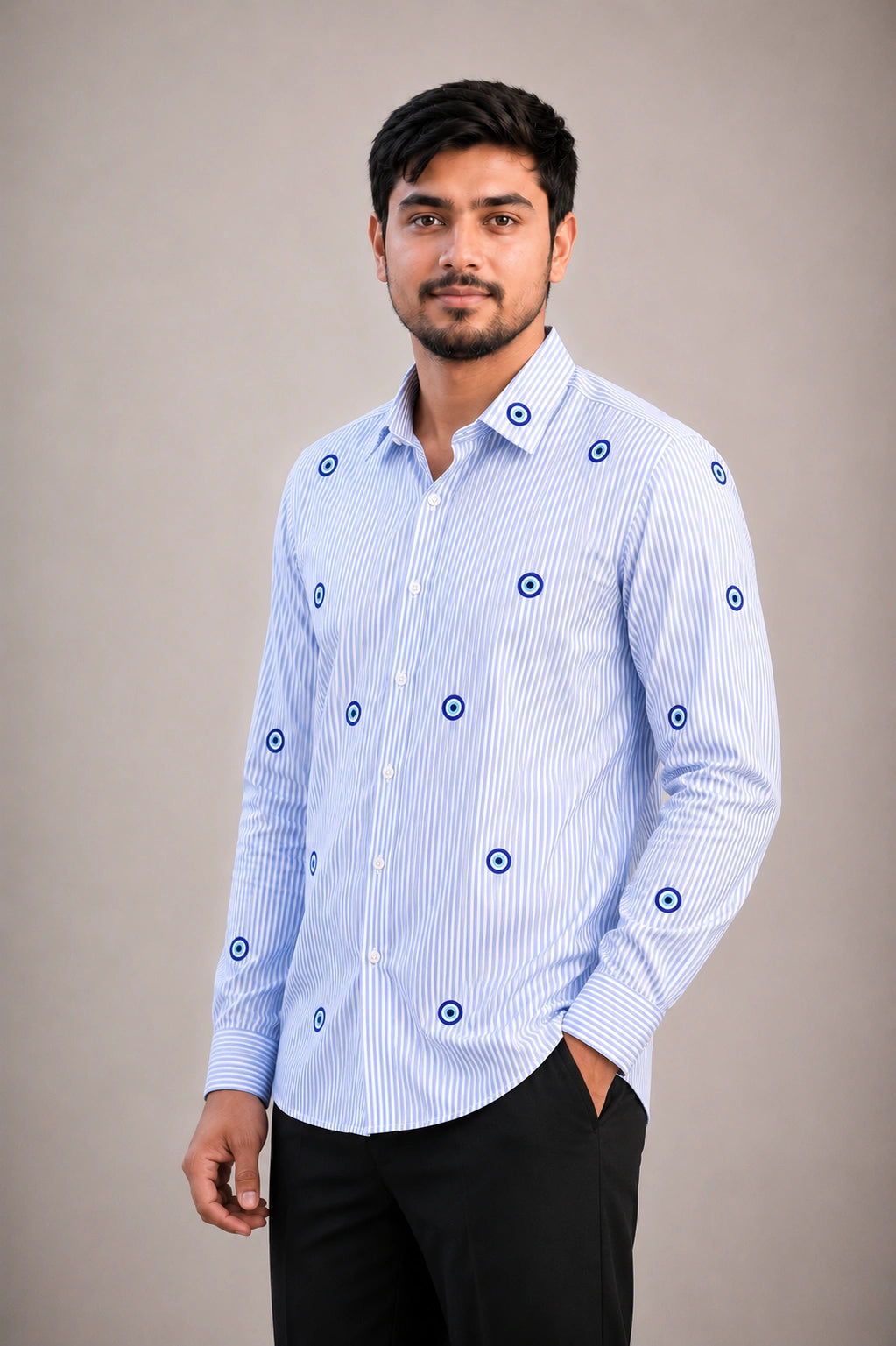 Evil Eye Embroidered Premium Striped Shirt | VULTARO™