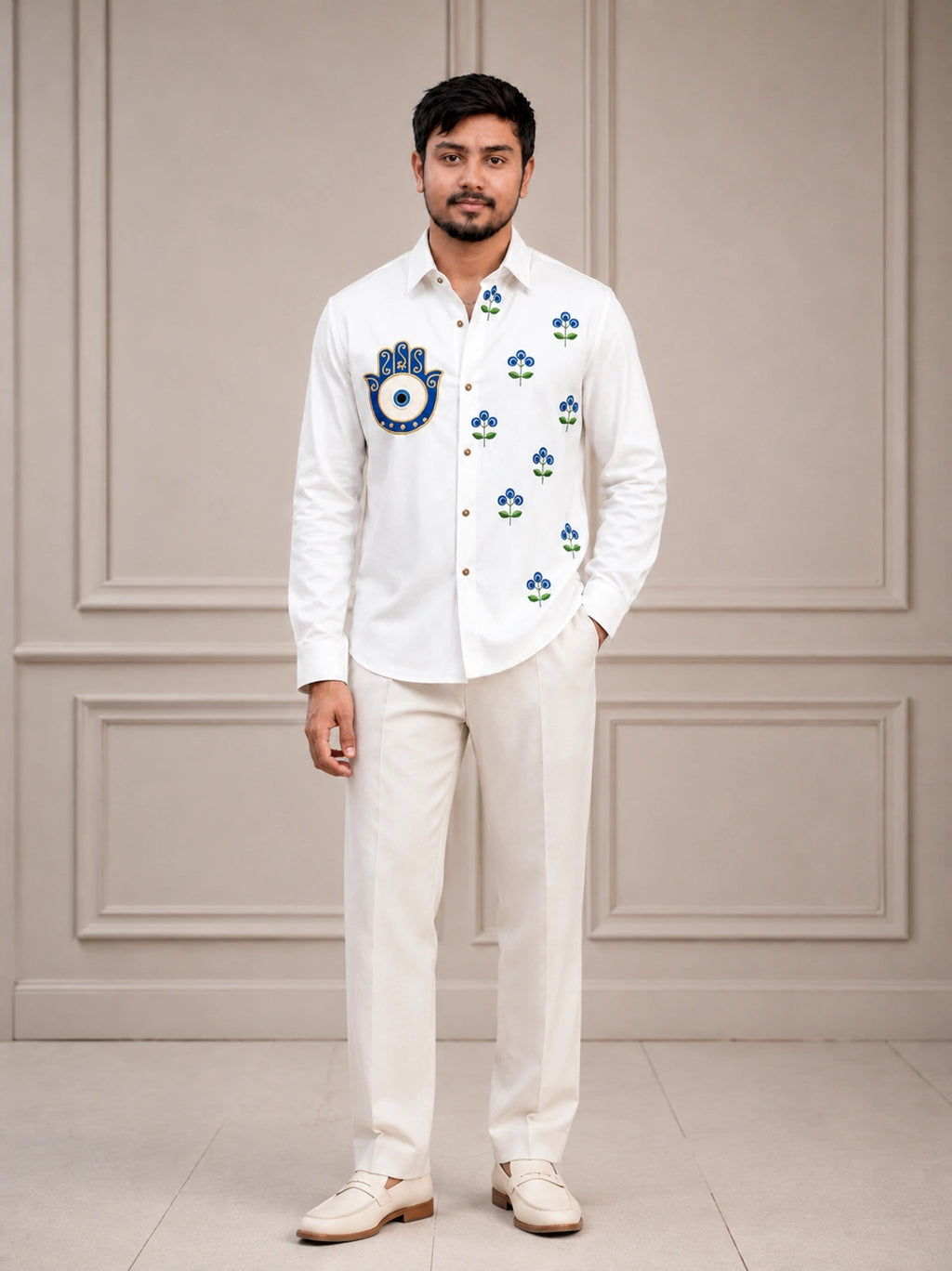 Evil Eye Floral Embroidered Premium Plain Shirt | VULTARO™