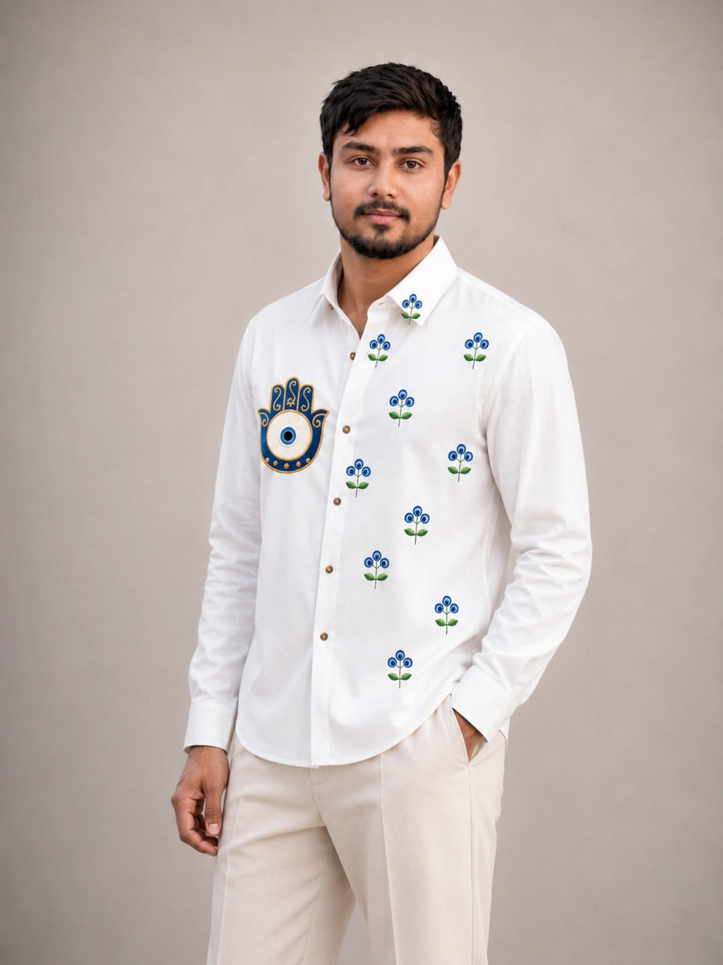 Evil Eye Floral Embroidered Premium Plain Shirt | VULTARO™