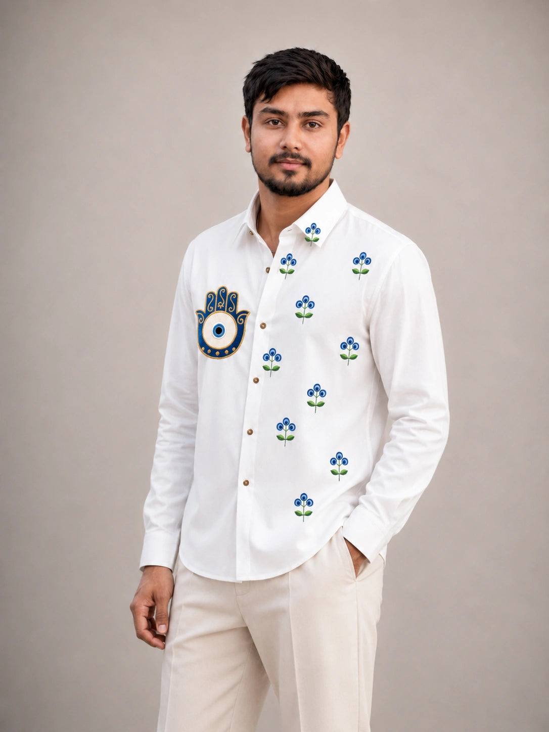 Evil Eye Floral Embroidered Premium Plain Shirt | VULTARO™
