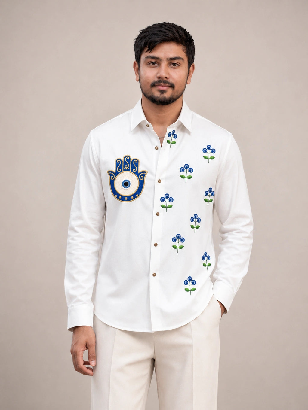 Evil Eye Floral Embroidered Premium Plain Shirt | VULTARO™