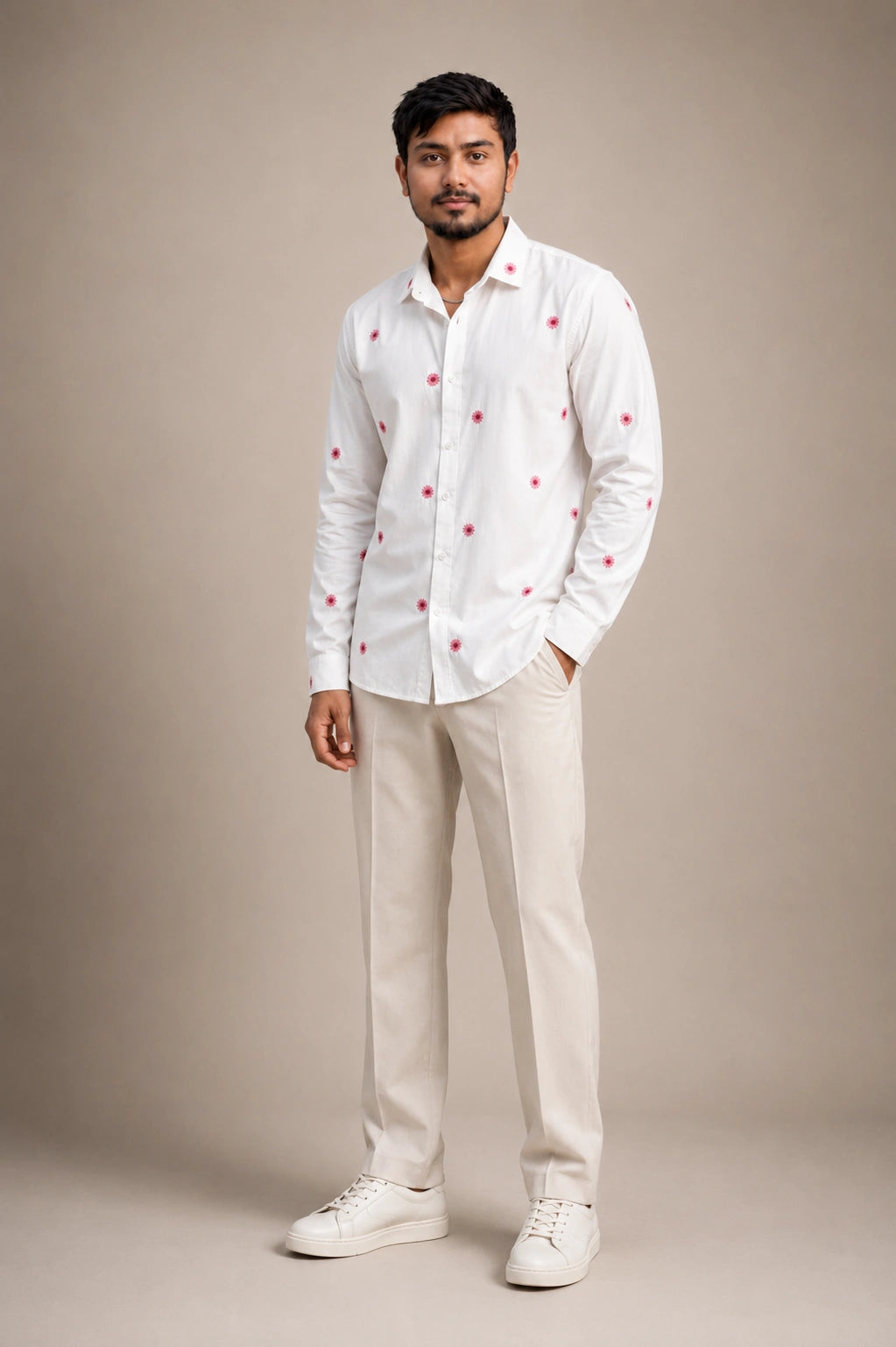 Pink Flower Embroidered Premium Plain Shirt | VULTARO™