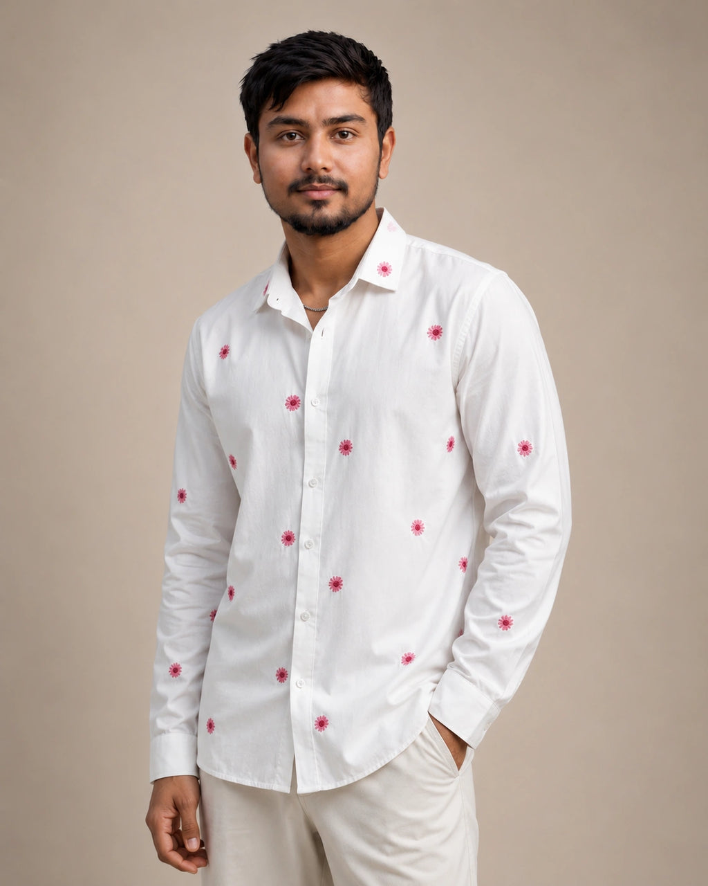 Pink Flower Embroidered Premium Plain Shirt | VULTARO™