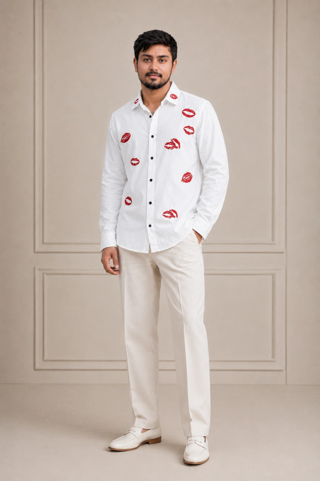 Red Lips Flower Embroidered Premium Plain Shirt | VULTARO™