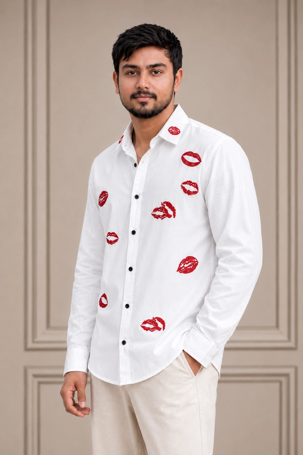 Red Lips Flower Embroidered Premium Plain Shirt | VULTARO™