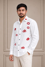 Red Lips Flower Embroidered Premium Plain Shirt | VULTARO™