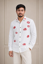 Red Lips Flower Embroidered Premium Plain Shirt | VULTARO™