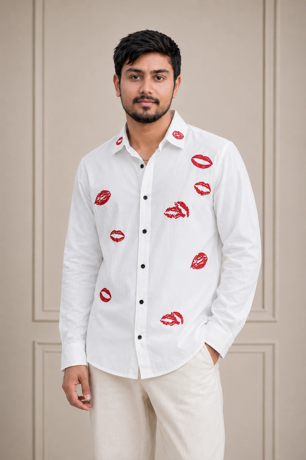 Red Lips Flower Embroidered Premium Plain Shirt | VULTARO™