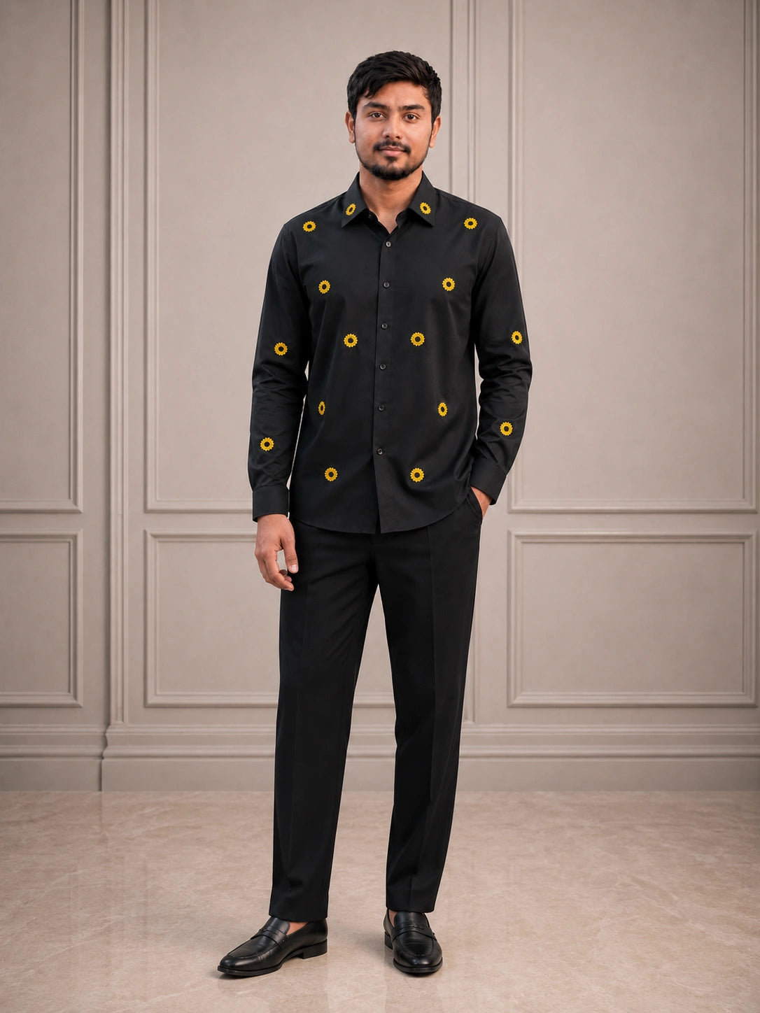 Sunflower Embroidered Premium Black Plain Shirt | VULTARO™