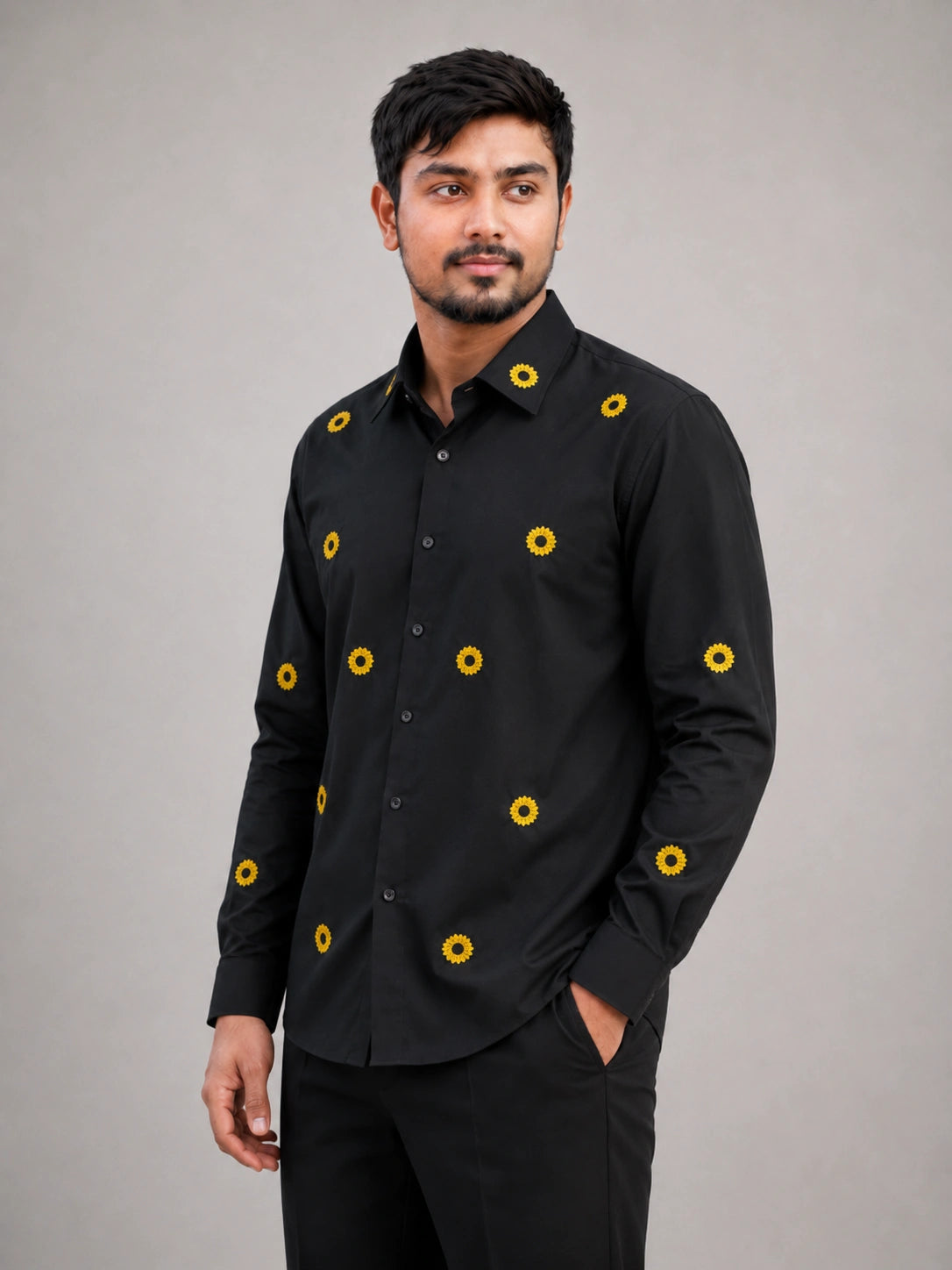 Sunflower Embroidered Premium Black Plain Shirt | VULTARO™