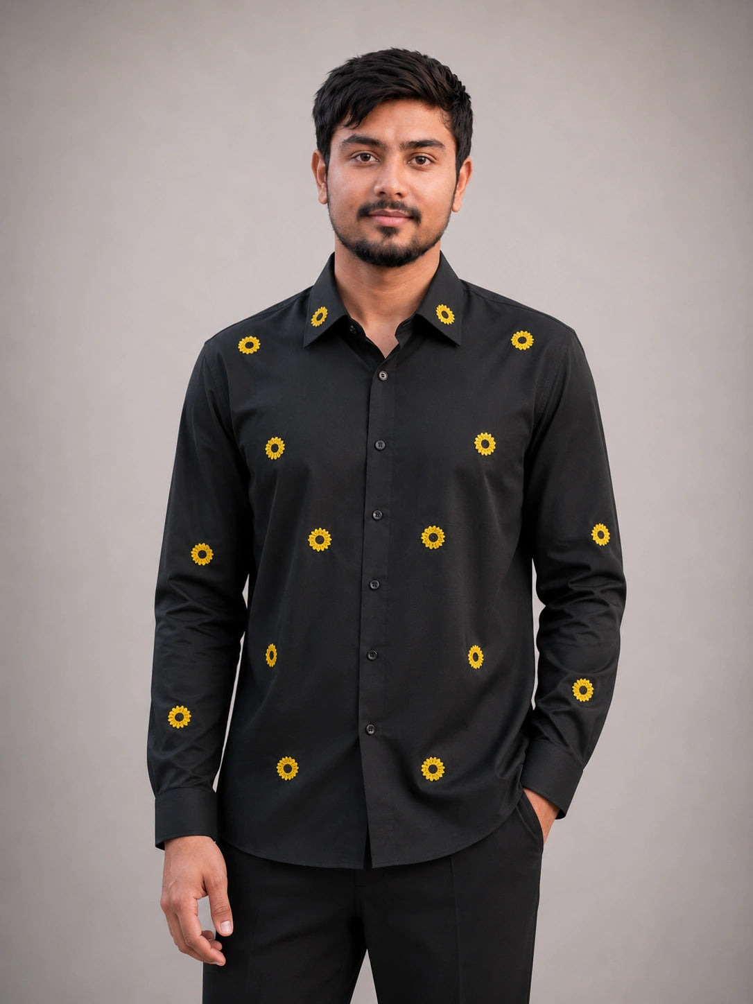 Sunflower Embroidered Premium Black Plain Shirt | VULTARO™