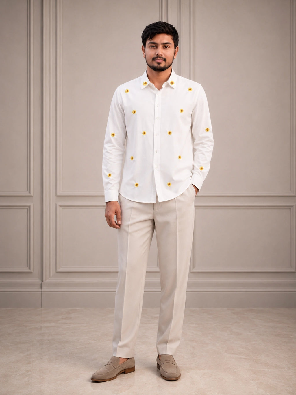 Sunflower Embroidered Premium White Plain Shirt | VULTARO™