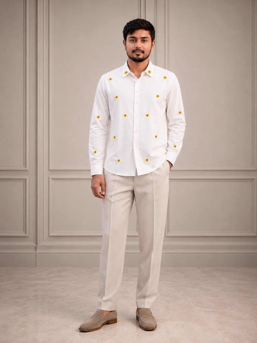 Sunflower Embroidered Premium White Plain Shirt | VULTARO™