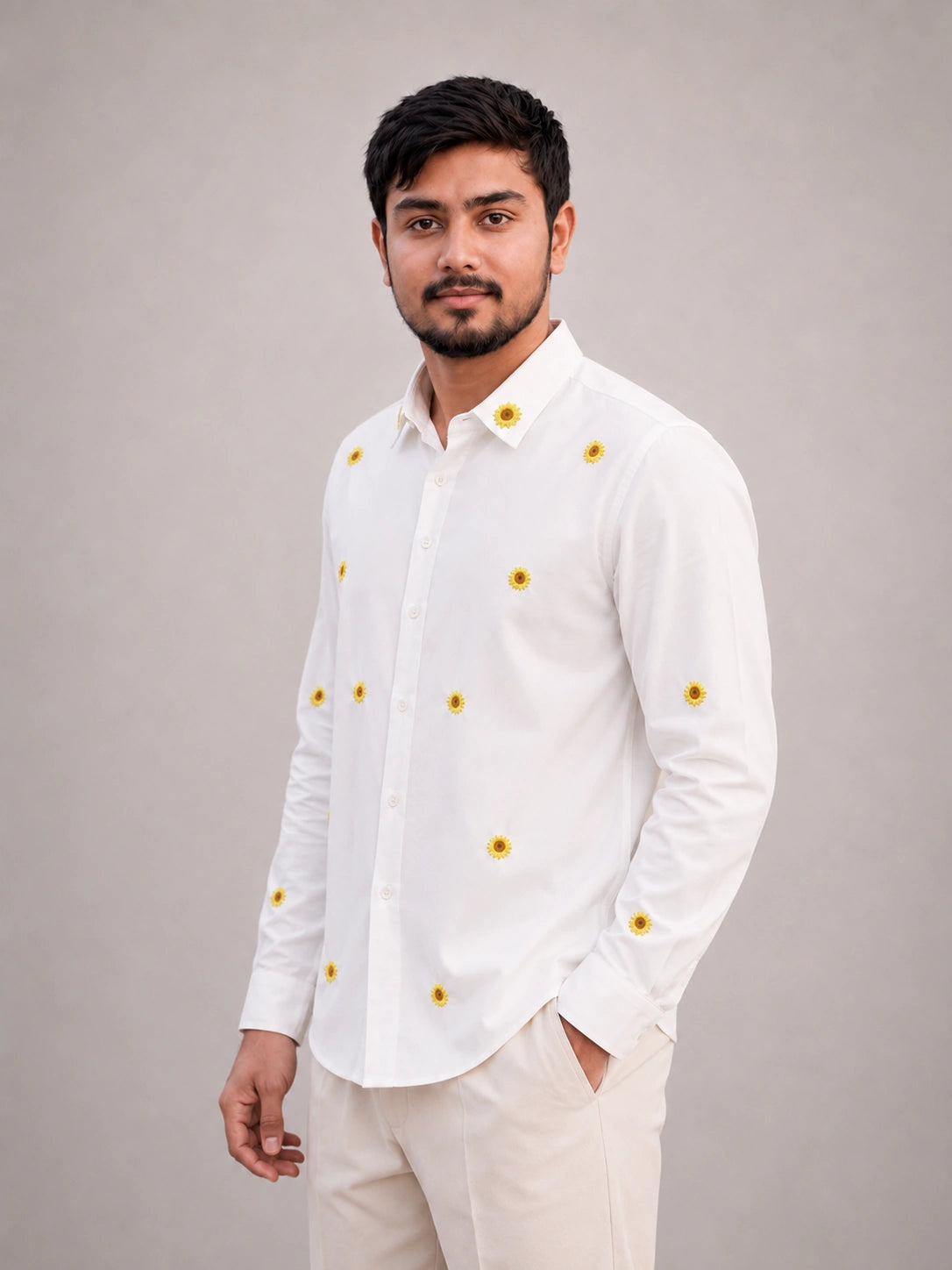 Sunflower Embroidered Premium White Plain Shirt | VULTARO™