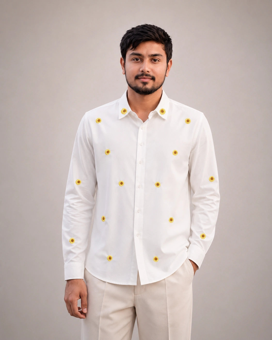 Sunflower Embroidered Premium White Plain Shirt | VULTARO™