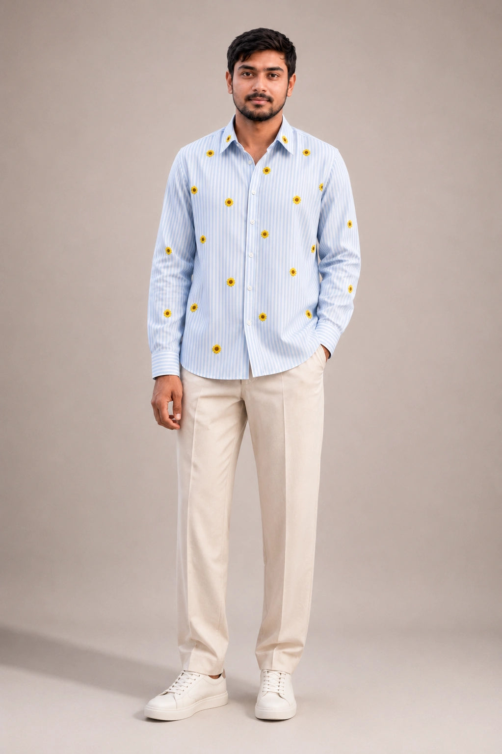 Sunflower Embroidered Premium Striped Shirt | VULTARO™