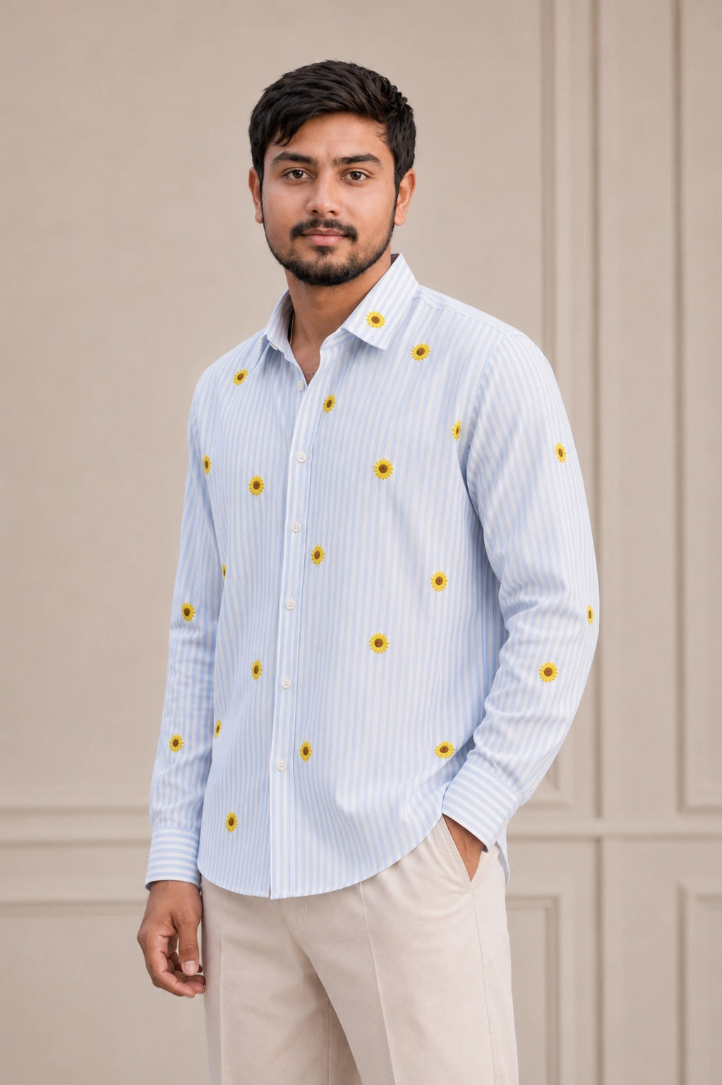 Sunflower Embroidered Premium Striped Shirt | VULTARO™