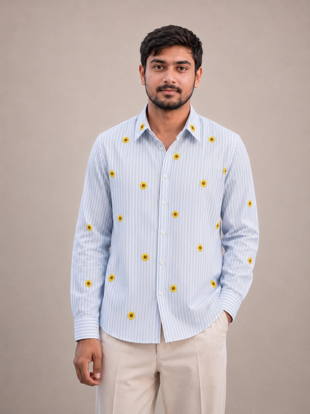 Sunflower Embroidered Premium Striped Shirt | VULTARO™