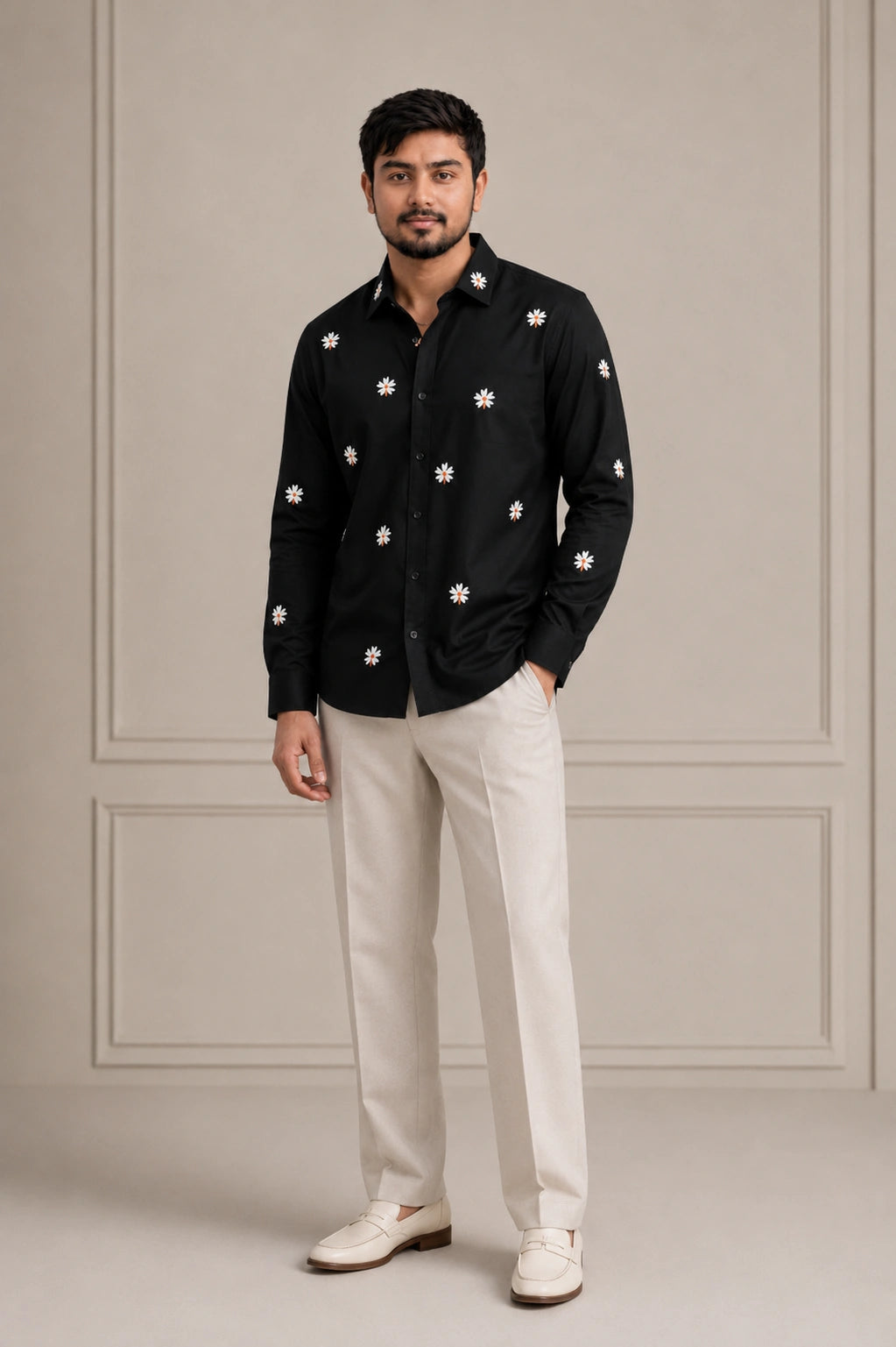 White Daisy Embroidered Premium Plain Shirt | VULTARO™