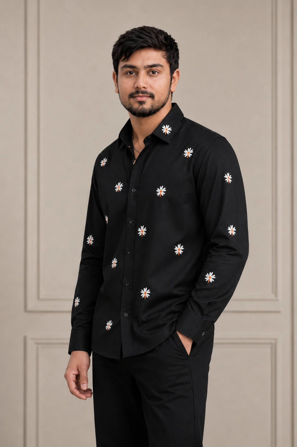 White Daisy Embroidered Premium Plain Shirt | VULTARO™