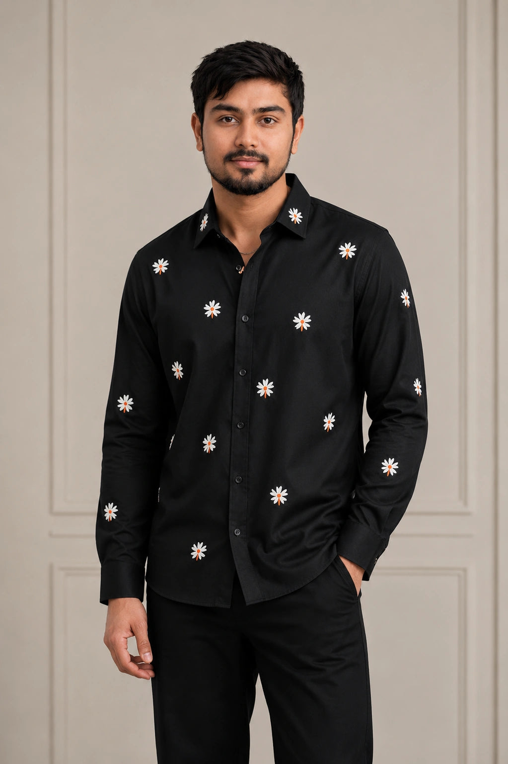 White Daisy Embroidered Premium Plain Shirt | VULTARO™