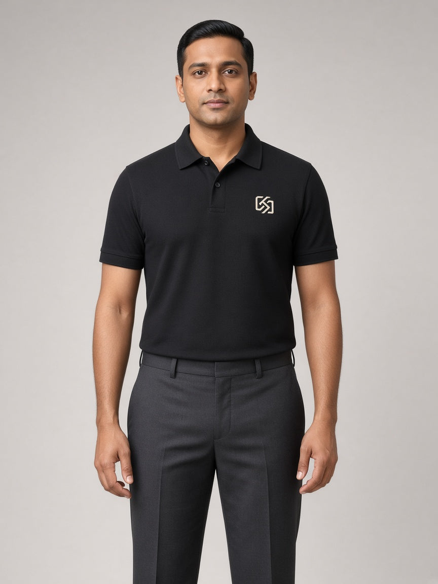 Male model in a logo-embroidered polo for team uniforms